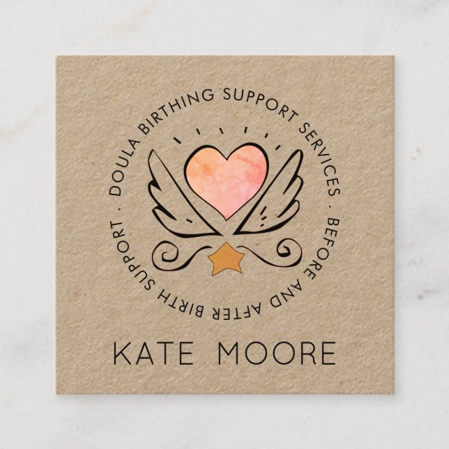 Whimsical Doula Kraft Birth Coach Square Business Card (Front)