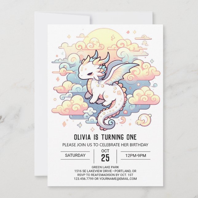 Whimsical Dragon 1st Birthday Invitation (Front)
