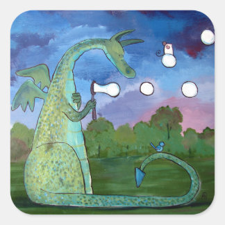 Whimsical Dragon Art Sticker Blowing Bubbles