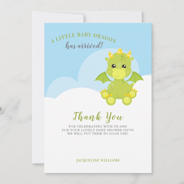 Whimsical Dragon Baby Boy Shower Thank You Card (Front)
