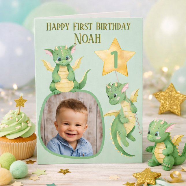 Whimsical Dragon Boys First Birthday Card (Creator Uploaded)