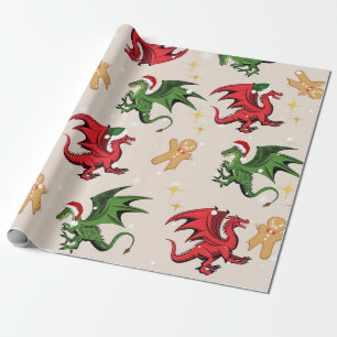 Whimsical Dragon & Gingerbread Christmas Wrapping Paper