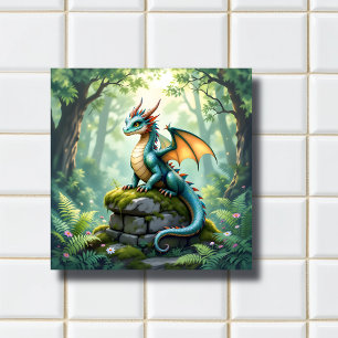 Whimsical Dragon on Ancient Stone Ceramic Tile