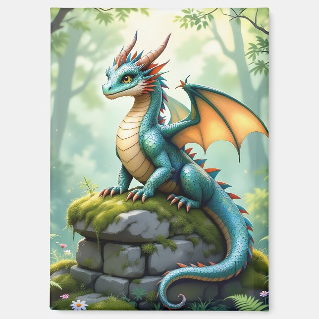 Whimsical Dragon on Ancient Stone Magnet (Front)