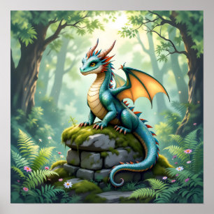 Whimsical Dragon on Ancient Stone Poster