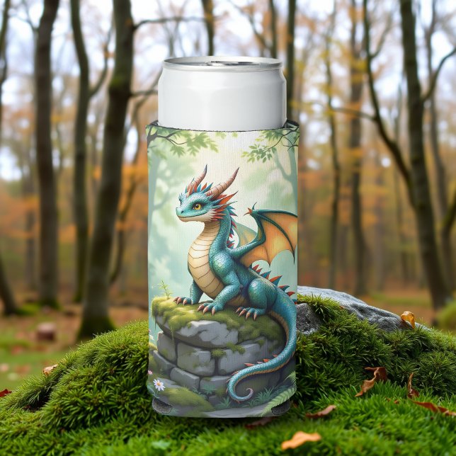 Whimsical Dragon on Ancient Stone Seltzer Can Cooler (Creator Uploaded)