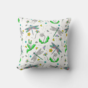 Whimsical Dragonflies and Dandelions Hand Drawn Cushion