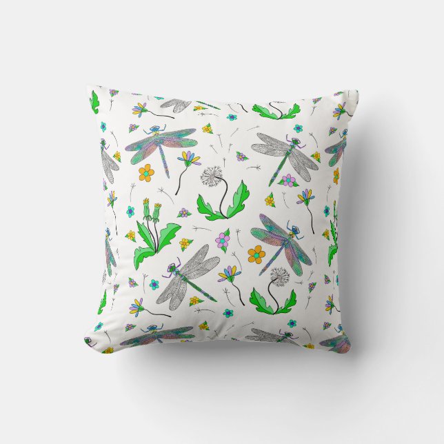 Whimsical Dragonflies and Dandelions Hand Drawn Cushion (Front)
