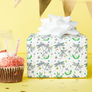 Whimsical Dragonflies and Dandelions Hand Drawn   Wrapping Paper