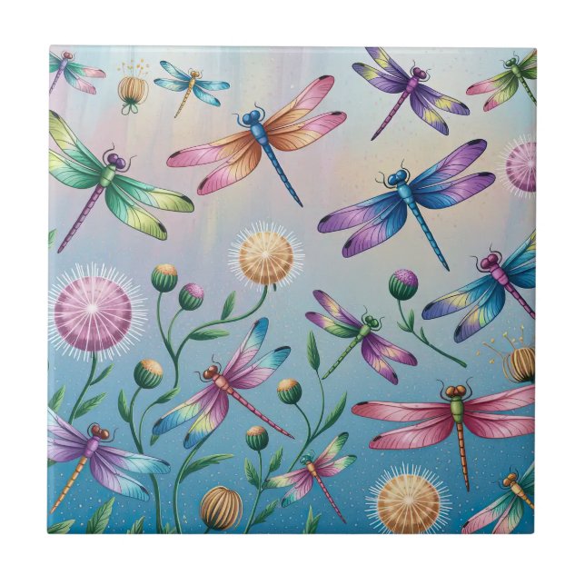 Whimsical Dragonflies with Flowers Ceramic Tile (Front)