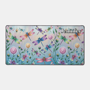 Whimsical Dragonflies with flowers. Editable name Desk Mat