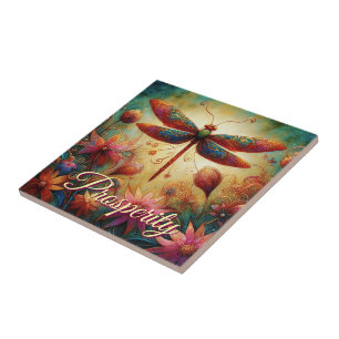 Whimsical Dragonfly Floral Abstract Art Prosperity Ceramic Tile
