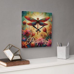 Whimsical Dragonfly Floral Abstract Art Prosperity Square Wall Clock