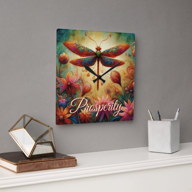 Whimsical Dragonfly Floral Abstract Art Prosperity Square Wall Clock (Office)