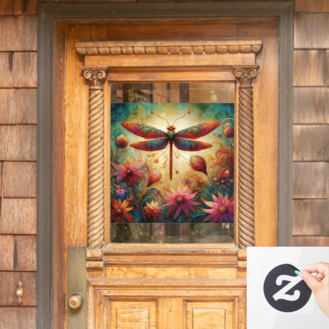 Whimsical Dragonfly Floral Abstract Art Teal Pink (Home Door)