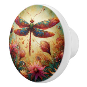 Whimsical Dragonfly Floral Abstract Art Teal Pink Ceramic Knob