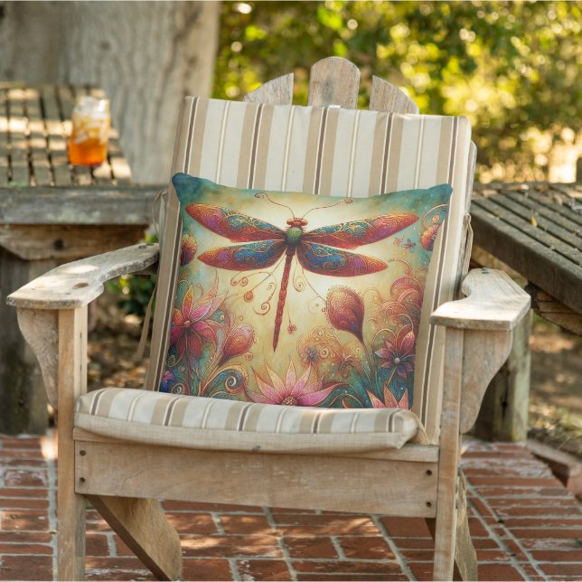 Whimsical Dragonfly Floral Abstract Art Teal Pink Cushion (Chair)
