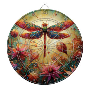 Whimsical Dragonfly Floral Abstract Art Teal Pink Dartboard