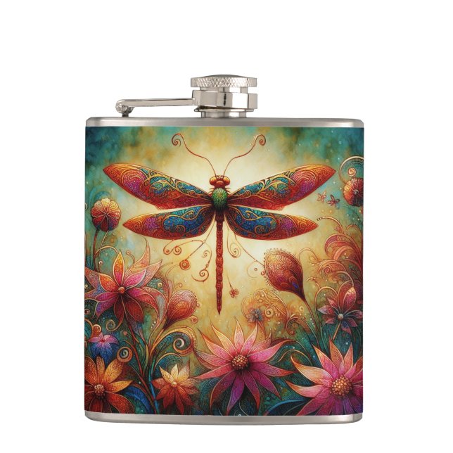 Whimsical Dragonfly Floral Abstract Art Teal Pink Hip Flask (Front)