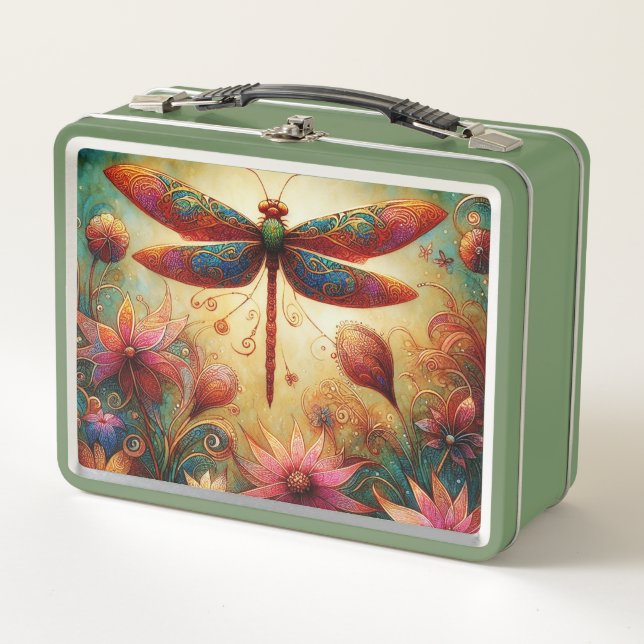 Whimsical Dragonfly Floral Abstract Art Teal Pink Metal Lunch Box (Front)