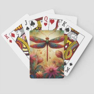 Whimsical Dragonfly Floral Abstract Art Teal Pink Playing Cards