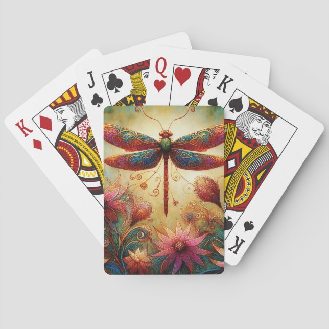 Whimsical Dragonfly Floral Abstract Art Teal Pink Playing Cards (Back)