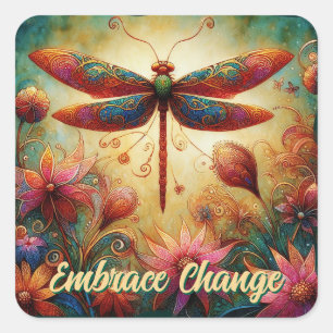 Whimsical Dragonfly Floral Abstract Art Teal Pink Square Sticker