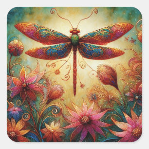 Whimsical Dragonfly Floral Abstract Art Teal Pink Square Sticker