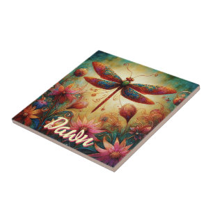 Whimsical Dragonfly Floral Abstract Personalised Ceramic Tile
