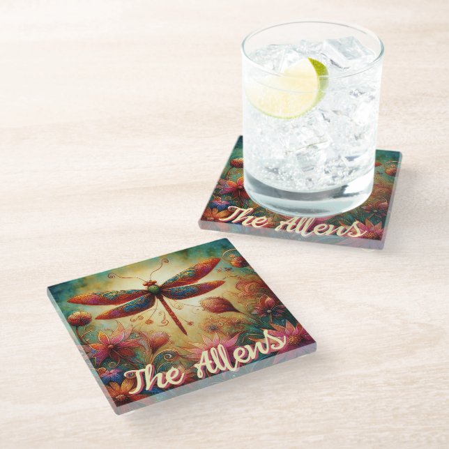 Whimsical Dragonfly Floral Abstract Personalised Glass Coaster (Angled)