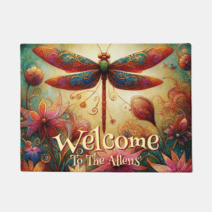 Whimsical Dragonfly Floral Abstract Personalized Doormat