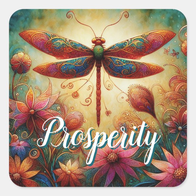 Whimsical Dragonfly Floral Abstract Prosperity Square Sticker (Front)