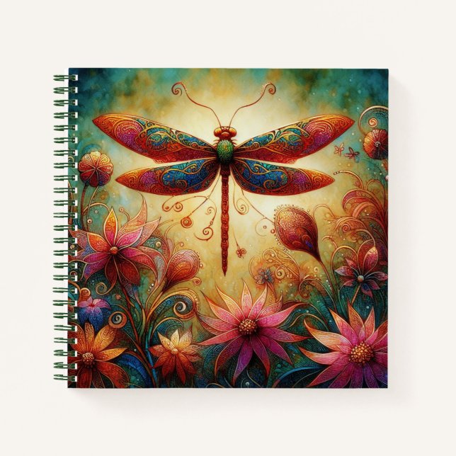 Whimsical Dragonfly Floral Abstract Teal Sketch Notebook (Front)