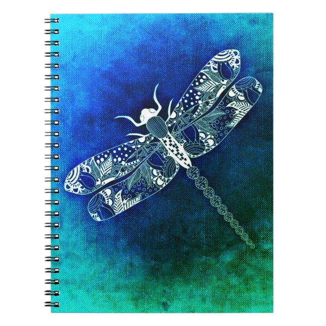 Whimsical Dragonfly Line Drawing Blue Green Notebook (Front)