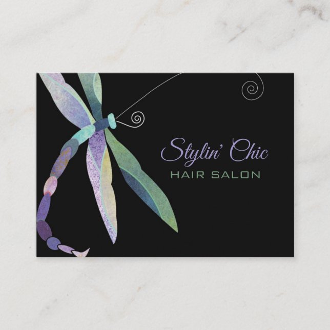 Whimsical Dragonfly on Black Business Card (Front)