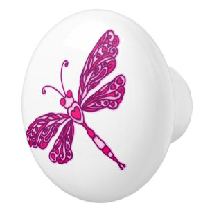Whimsical dragonfly pink inked art doorknob ceramic knob