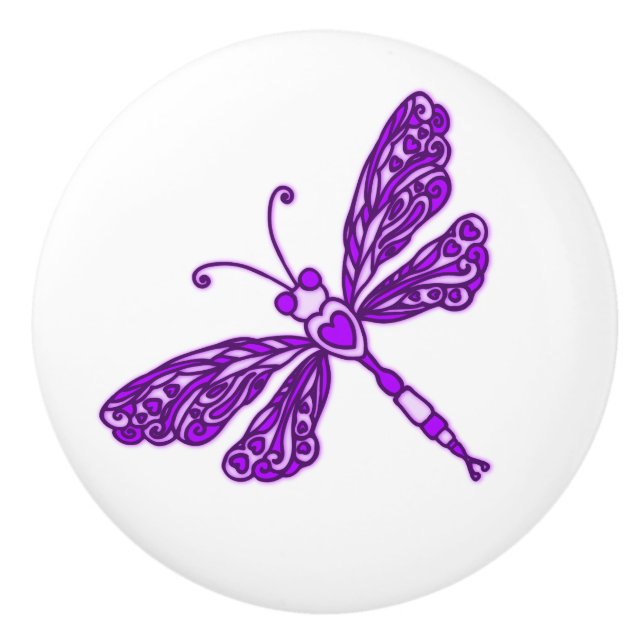 Whimsical dragonfly purple inked art doorknob ceramic knob (Front)