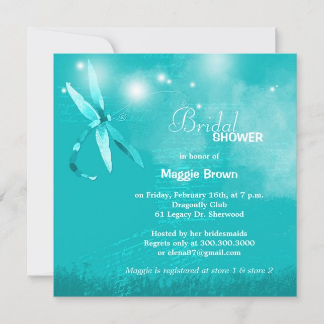 Whimsical Dragonfly Turquoise Bridal Shower Invitation (Front)