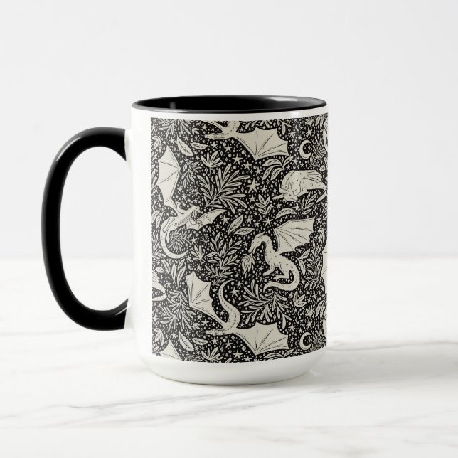 Whimsical Dragons in the night - cream on black Mug (Left)