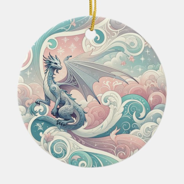 Whimsical Drakes: Pastel Dragon Fantasy Ceramic Ornament (Front)