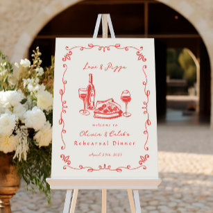 Whimsical Drawn Pizza Wine Rehearsal Dinner Sign