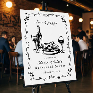 Whimsical Drawn Pizza Wine Rehearsal Dinner Sign