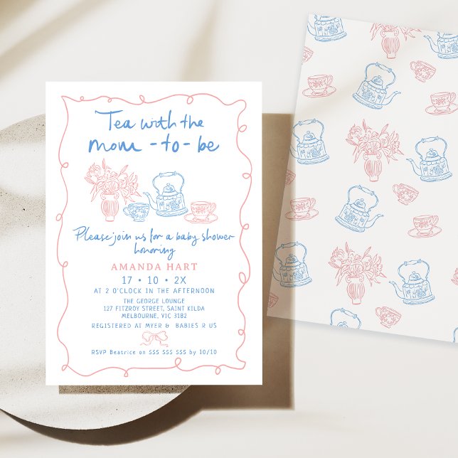 Whimsical Drawn Tea With Mom To Be Baby Shower  Invitation (Whimsical Hand Drawn Illustration Baby Shower Invitation, Baby Pink Blue Tea Baby Shower Invitation)