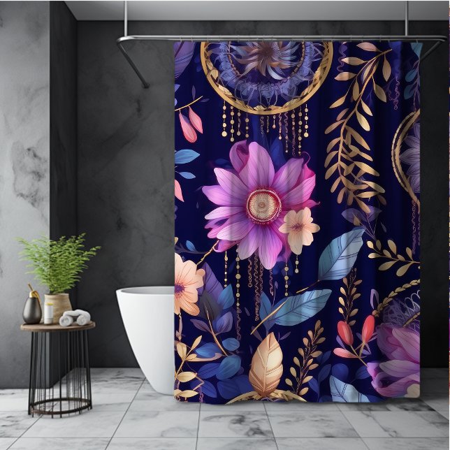Whimsical dreamcatchers boho dark floral purple shower curtain (Creator Uploaded)