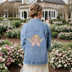 Whimsical Dreamscape Cherub with Hear Denim Jacket