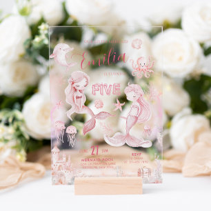 Whimsical Dreamy Pink Sea Mermaid Kids Birthday Acrylic Invitations