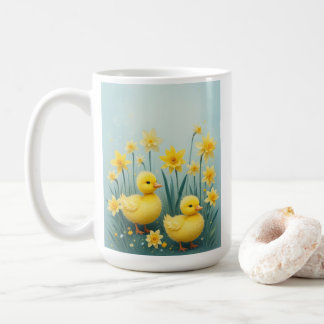 Whimsical Duckling Duo with Daffodils Coffee Mug