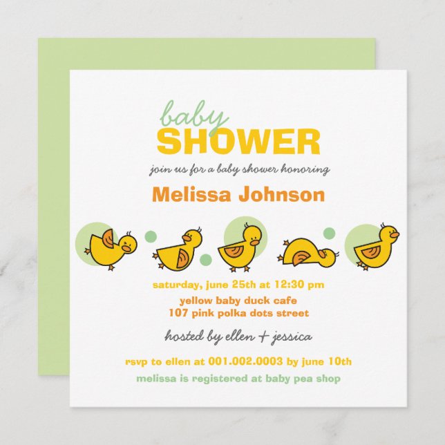 Whimsical Ducks Green Dots Baby Shower Invite (Front/Back)