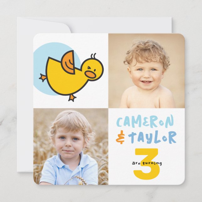 Whimsical Ducks Photo Boys Joint Birthday Party Invitation (Front)