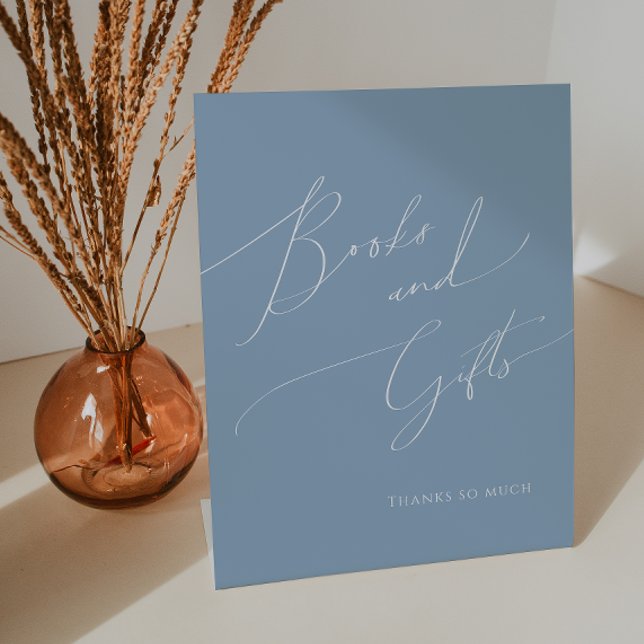 Whimsical Dusty Blue Baby Shower Books and Gifts Pedestal Sign (Creator Uploaded)